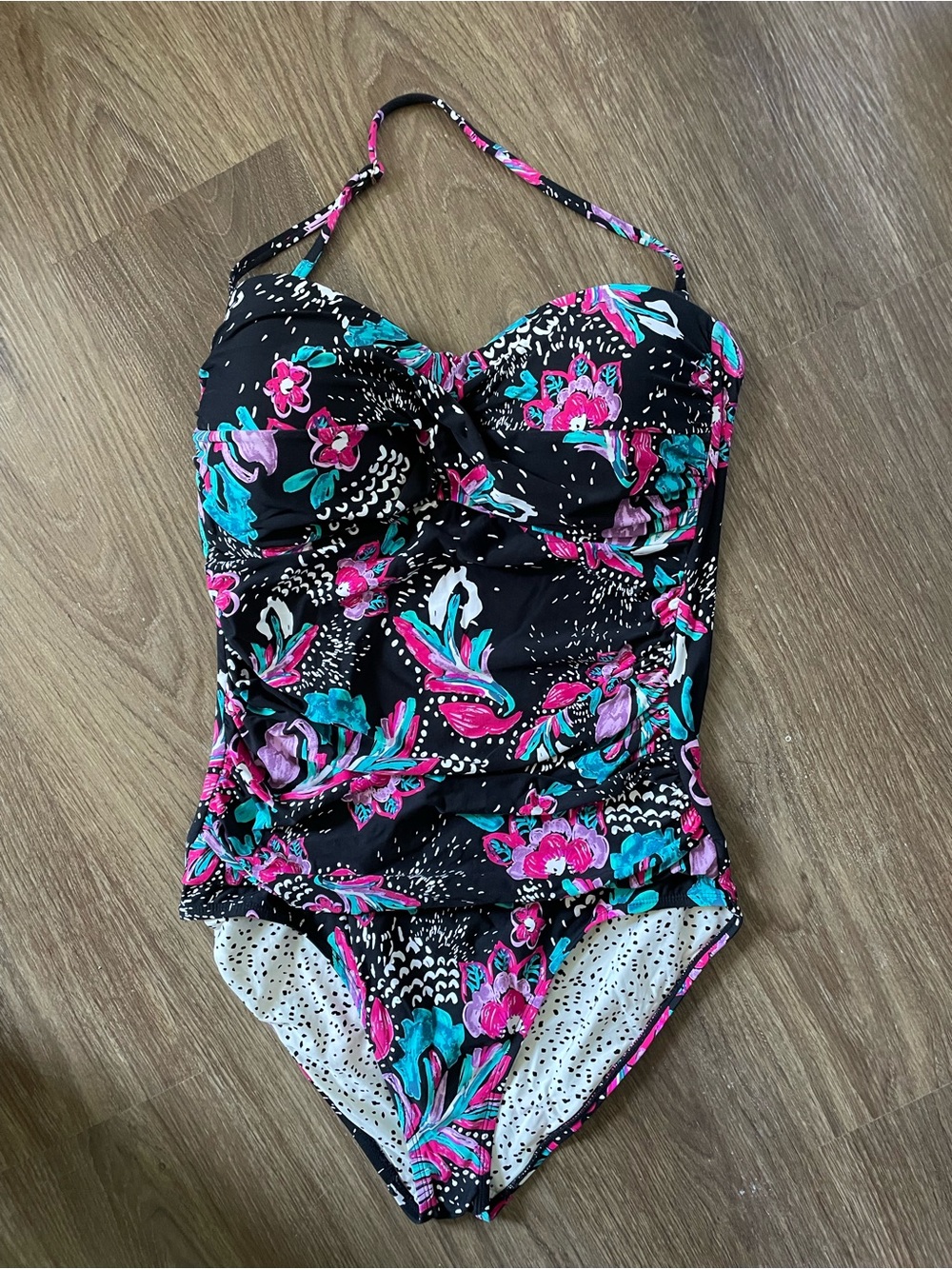 Anne Cole Black One-Piece Swimsuit with Pink & Teal Floral Print